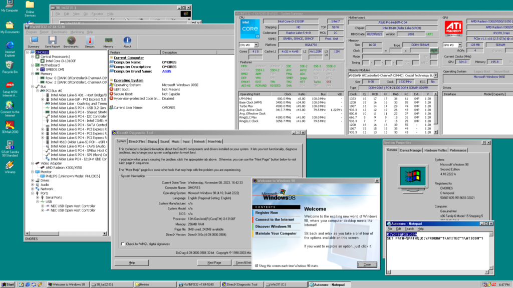 Windows 98 on Intel 13th Gen CPU, using Cregfix to bypass VCACHE error.
